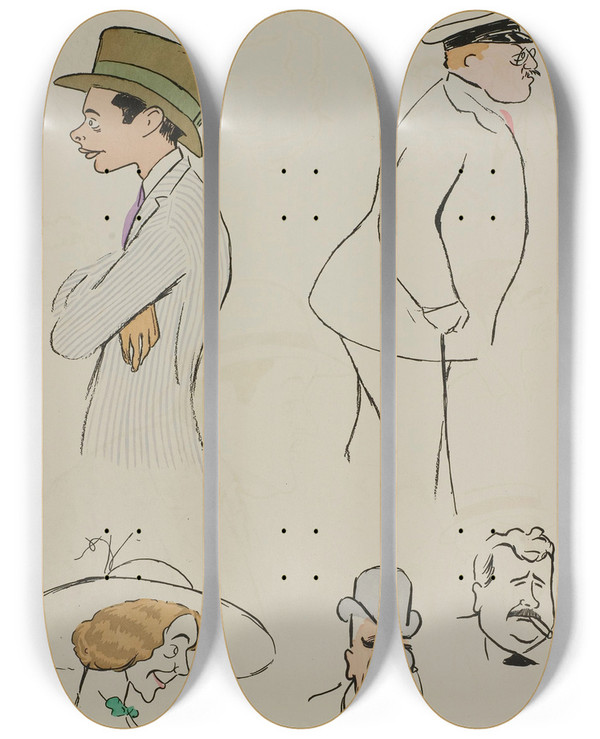 Triptych art skateboard deck of Georges Goursat Sem Baron Hubert Lejeune M De Villeroy Mme Charron Mm Jacques Et James Hennessy Inconnu by Georges Goursat (Sem) (1863-1934)
