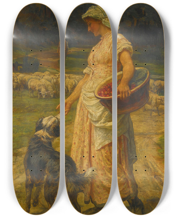 Triptych art skateboard deck of Frederick Morgan The Shepherdess by Frederick Morgan (1847-1927)
