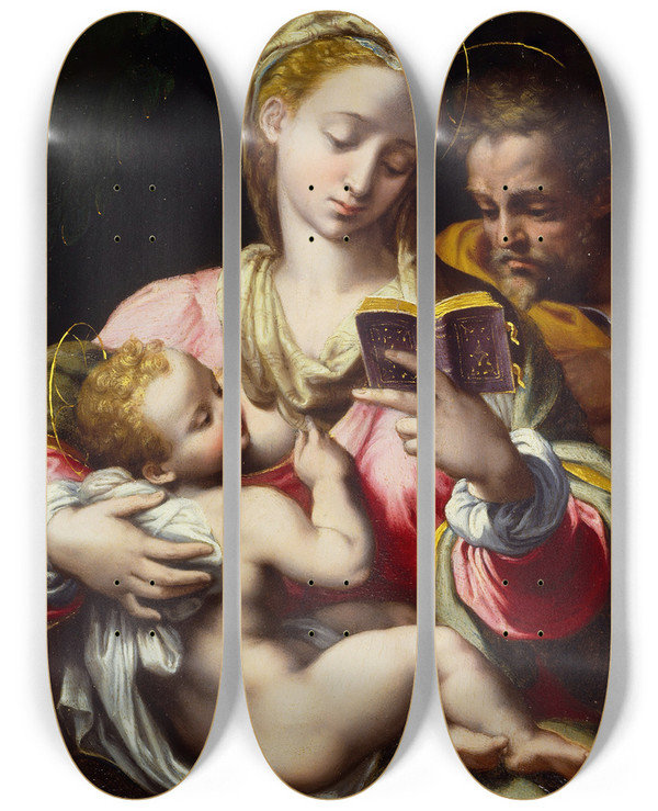 Triptych art skateboard deck of Pompeo Cesura The Holy Family by Pompeo Cesura (1500-1571)