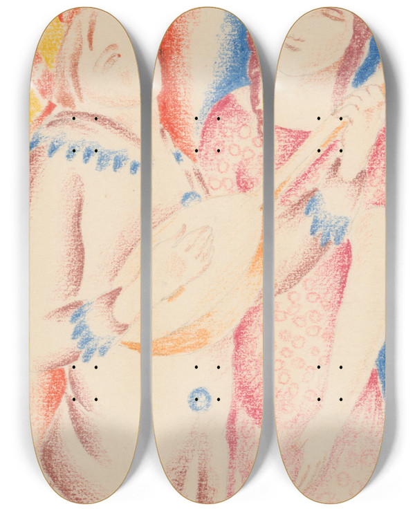 Triptych art skateboard deck of Mikul Galanda Playing The Mandolin by Mikulas Galanda (1895-1938)