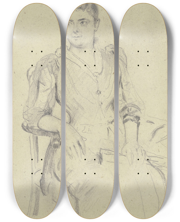 Triptych art skateboard deck of Otto Scholderer Sitzende Dame Mit Fcher by Otto Scholderer (1834-1902)