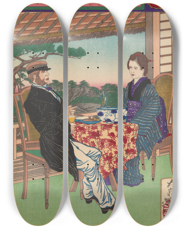 Triptych art skateboard deck of Tsukioka Yoshitoshi Okiyo Daughter Of A Gardener In Mukjima And A Foreigner by Tsukioka Yoshitoshi (1839-1892)