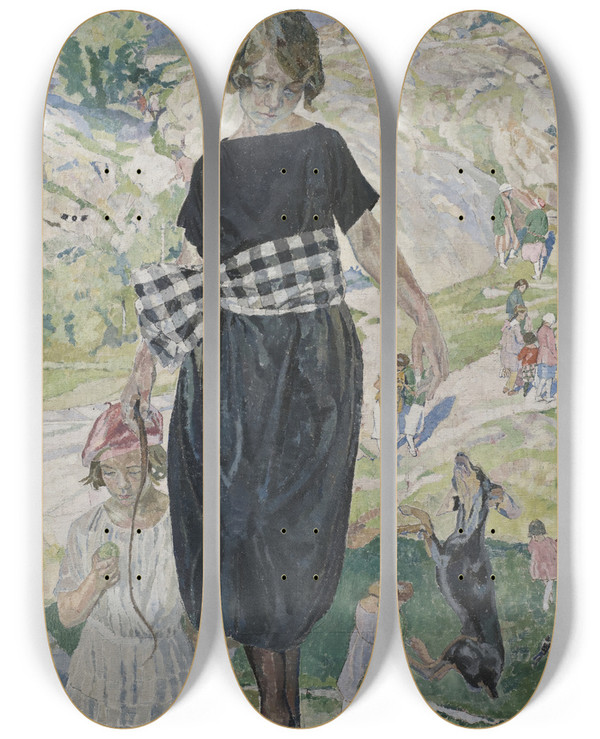 Triptych art skateboard deck of Carl Wilhelmson Jumping Dog by Carl Wilhelmson (1866-1928)