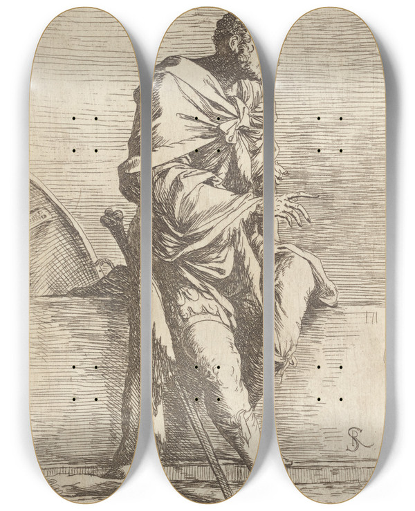 Triptych art skateboard deck of Salvator Rosa Soldier Seated by Salvator Rosa (1615-1673)