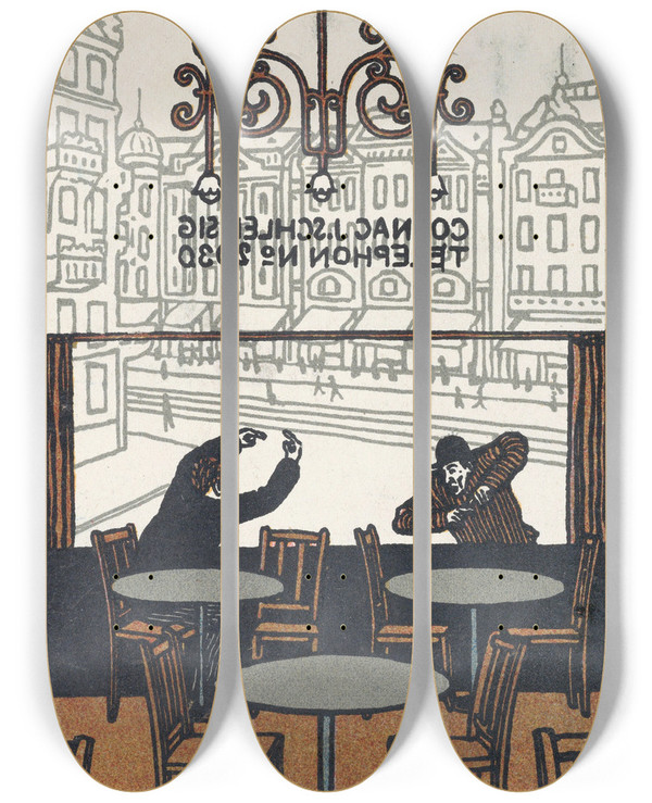 Triptych art skateboard deck of Moriz Jung Conversation Between Mutes Gespraech Zwischen Stummen by Moriz Jung (1885-1915)