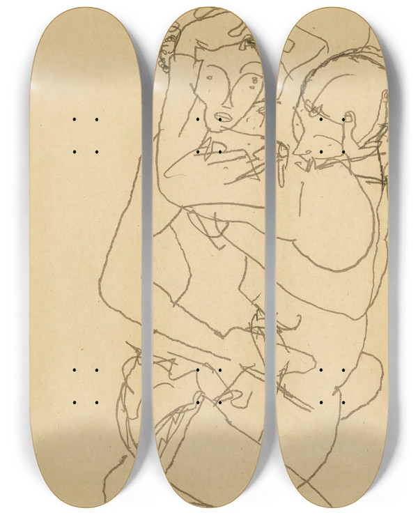 Triptych art skateboard deck of Egon Schiele Paar Im Umarmung Couple Embracing by Egon Schiele (1890-1918)