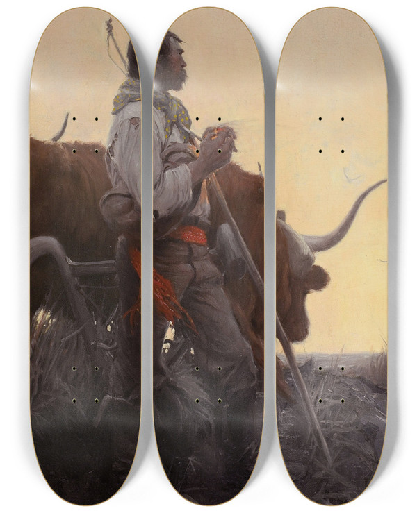 Triptych art skateboard deck of Harvey T Dunn The Plowman by Harvey T Dunn (1884-1952)
