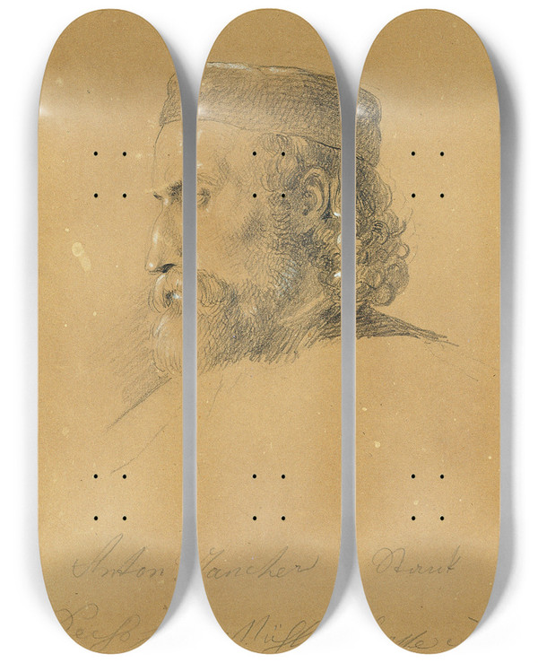 Triptych art skateboard deck of Johann Peter Krafft Kopfstudie_1 by Johann Peter Krafft (1780-1856)
