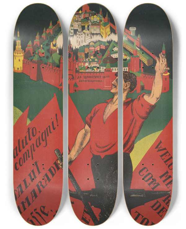 Triptych art skateboard deck of Dmitri Stakhievich Moor Long Live The Third International by Dmitrii Stakhievich Moor (1883-1946)