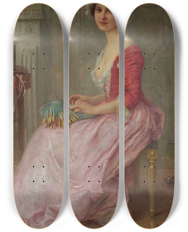 Triptych art skateboard deck of Charles Amable Lenoir The Lace Maker by Charles Amable Lenoir (1860-1926)