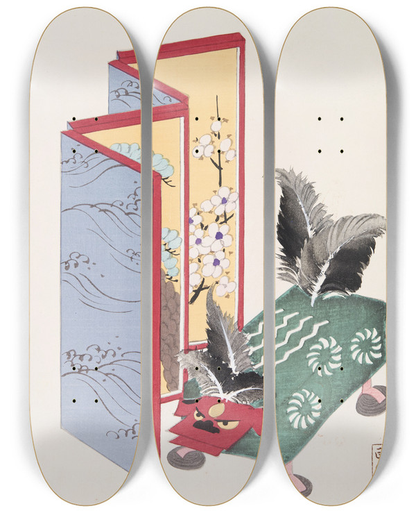 Triptych art skateboard deck of Kawasaki Kyosen Kyosens Collected Illustrations Of Japanese Toys Pl089 by Kawasaki Kyosen (1877-1942)