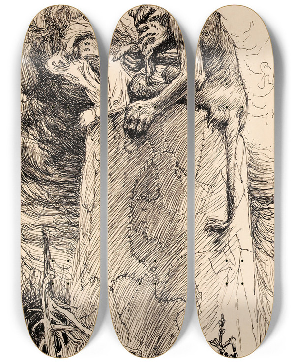 Triptych art skateboard deck of Akseli Gallenkallela The Bootleather Tower by Akseli Gallen Kallela (1865-1931)