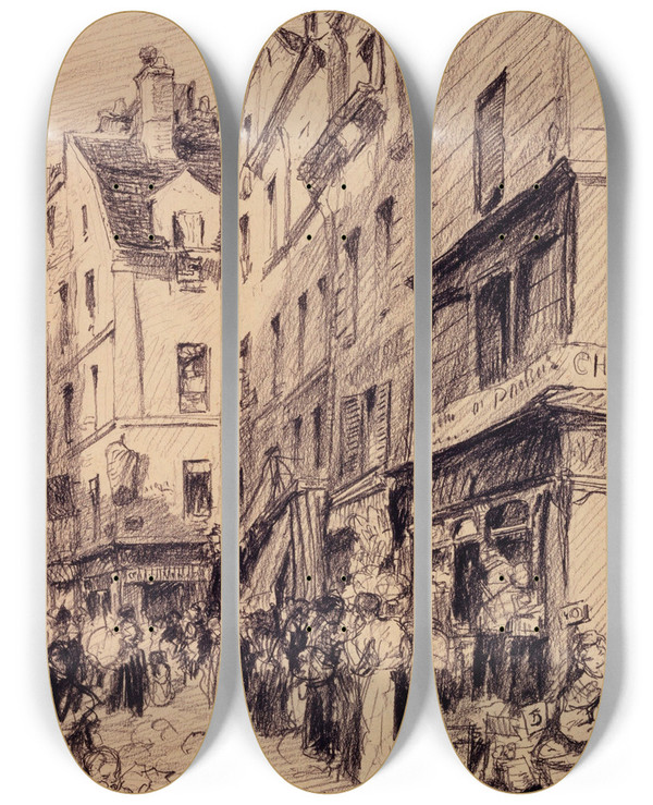 Triptych art skateboard deck of Camille Bourget La Rue Mouffetard by Camille Bourget (1861-1924)