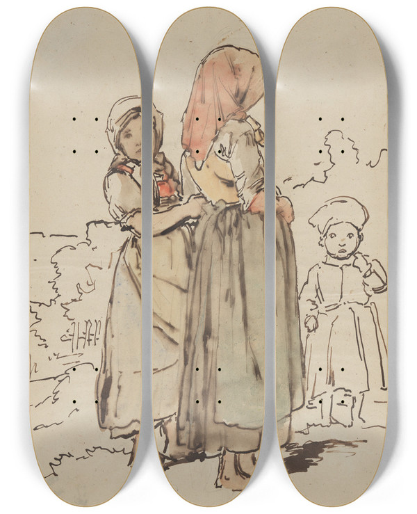 Triptych art skateboard deck of Johann Baptist Kirner Zwei Junge Mdchen Und Ein Kind Vor Einer Landschaft by Johann Baptist Kirner (1806-1866)