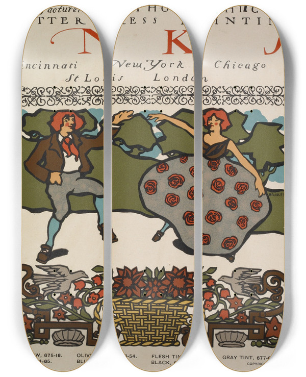 Triptych art skateboard deck of Will Bradley Ault And Wiborg Ad 136 by Will Bradley (1868-1962)
