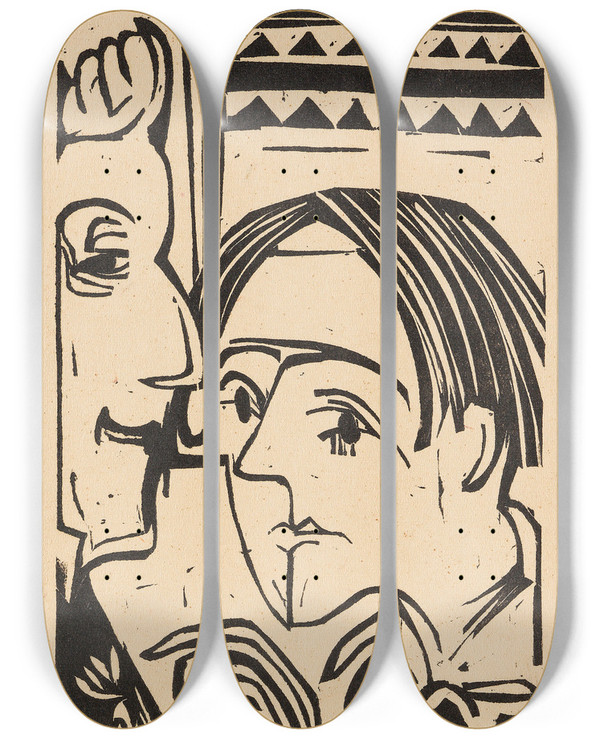 Triptych art skateboard deck of Ernst Ludwig Kirchner Frau Und Mann by Ernst Ludwig Kirchner (1880-1938)
