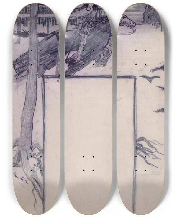 Triptych art skateboard deck of Santiago Rusiol Fantasy by Santiago Rusinol (1861-1931)
