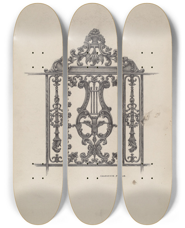 Triptych art skateboard deck of Charlotte Angus Gate by Charlotte Angus (1911-1989)