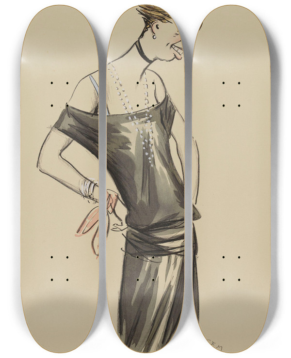 Triptych art skateboard deck of Georges Goursat Sem Une Femme by Georges Goursat (Sem) (1863-1934)