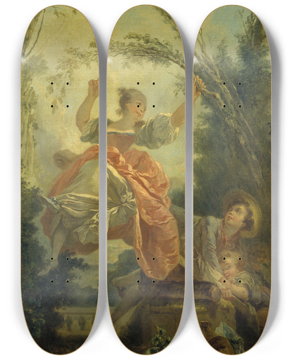 Triptych art skateboard deck of Jeanhonor Fragonard La Bascule by Jean-Honor Fragonard (1732-1806)