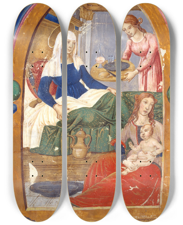 Triptych art skateboard deck of Domenico Ghirlandaio The Birth Of The Virgin In An Initial H by Domenico Ghirlandaio (1449-1494)