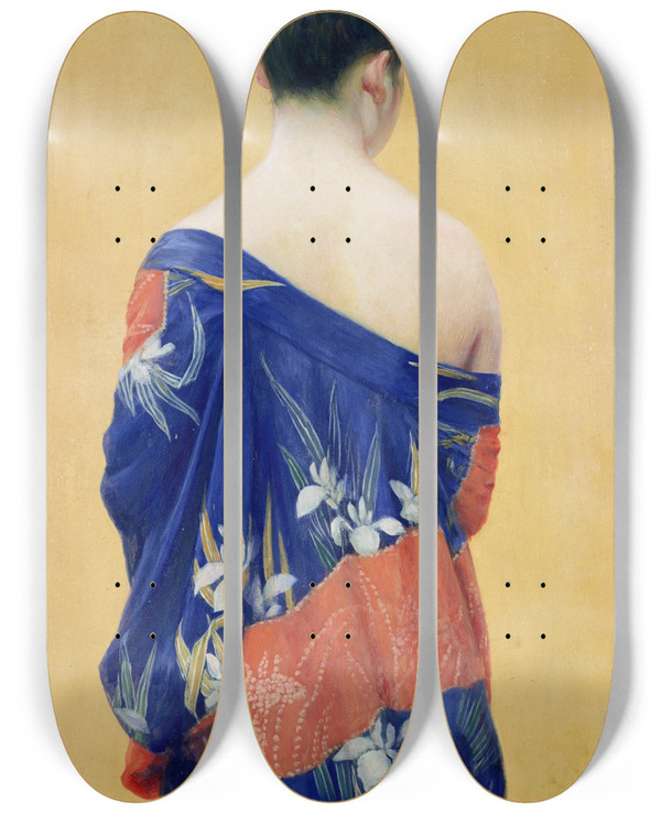 Triptych art skateboard deck of Okada Sabursuke Kimono With Iris Pattern by Okada Saburosuke (1869-1939)