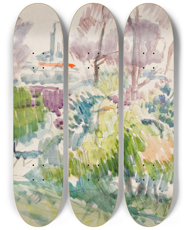 Triptych art skateboard deck of Magnus Enckell Maisema Pensaita Puita Ja Torni Luonnos by Magnus Enckell (1870-1925)
