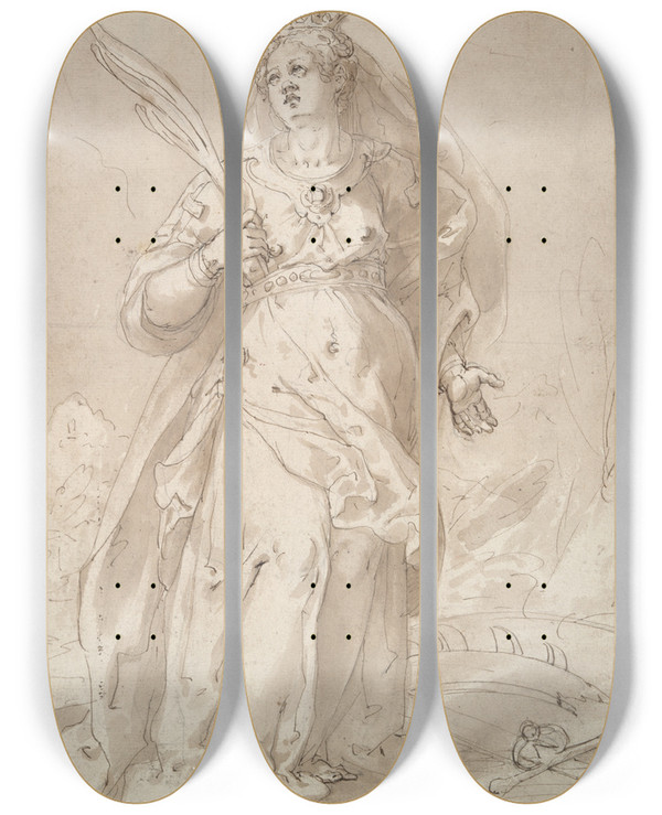 Triptych art skateboard deck of Filippo Bellini Saint Catherine Ofalexandria by Filippo Bellini (1550-1603)