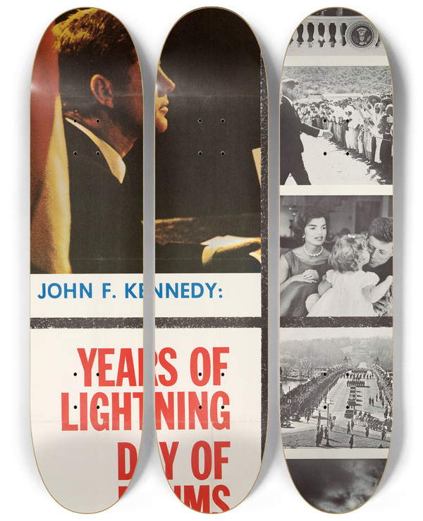 Triptych art skateboard deck of Us Information Agency John F Kennedy Years Of Lightning Days Of Drums by U S Information Agency (1953-1999)