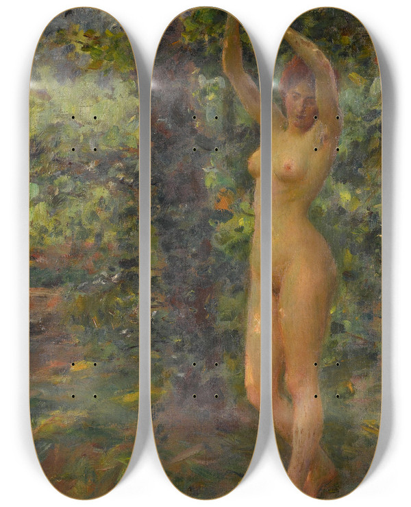 Triptych art skateboard deck of Jos Julio Souza Pinto A Beauty In A Forest by Jose Julio Souza Pinto (1856-1939)