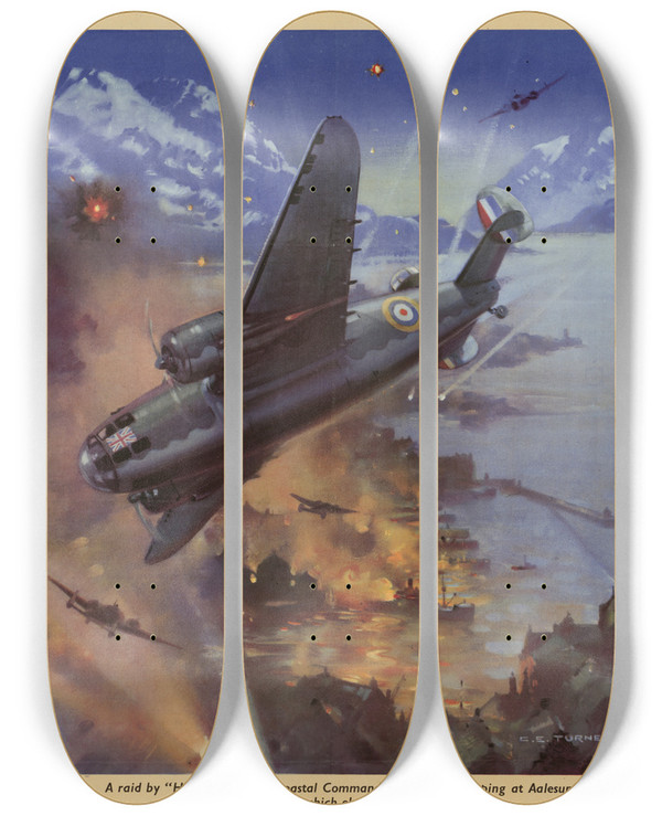 Triptych art skateboard deck of Charles E Turner A Raid By Hudsons Of The Coastal Command On German Shipping At Aalesund Norway In Which Eleven Ships Were Hit Back Them Up by Charles E Turner (1883-1965)