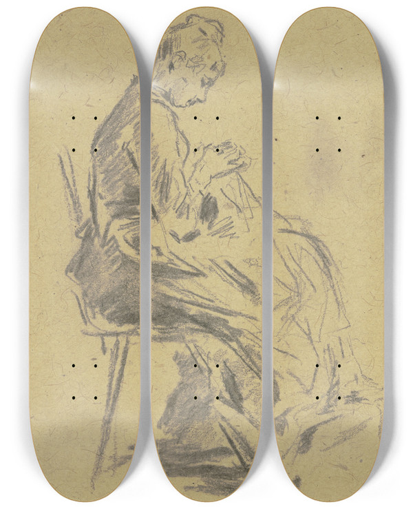 Triptych art skateboard deck of Anton Burger Sitting Woman_1 by Anton Burger (1824-1905)