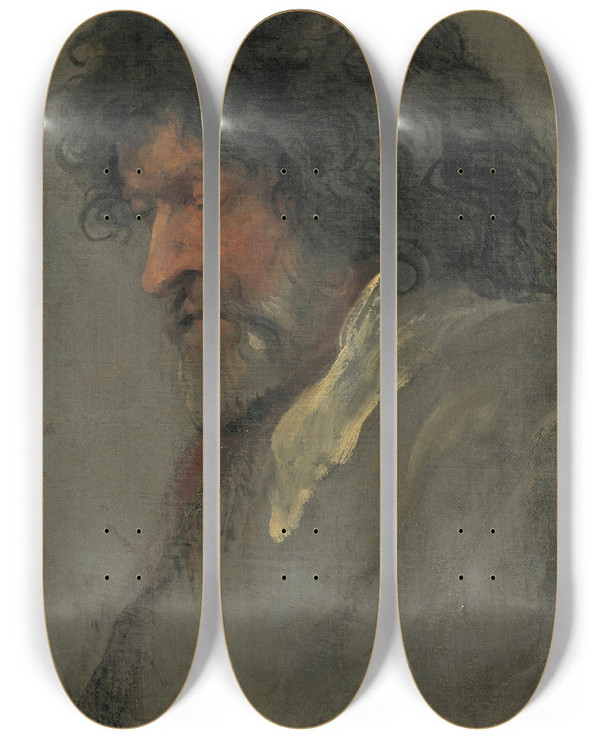Triptych art skateboard deck of Anthony Van Dyck Head Study Of A Man by Anthony Van Dyck (1599-1641)