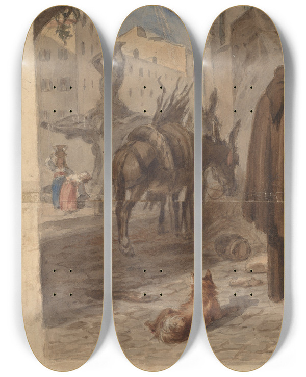 Triptych art skateboard deck of Felix Octavius Carr Darley Bernini Fountain Rome Recto by Felix Octavius Carr Darley (1822-1888)
