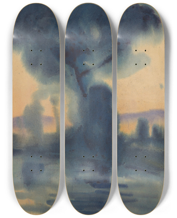 Triptych art skateboard deck of Zolo Palugyay Riverbank by Zolo Palugyay (1898-1935)