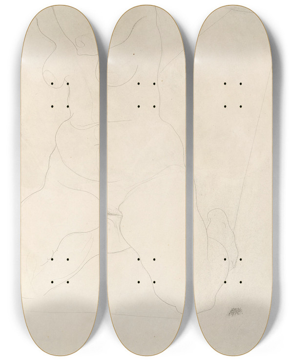 Triptych art skateboard deck of Egon Schiele Female Nude Kneeling On Carpet by Egon Schiele (1890-1918)