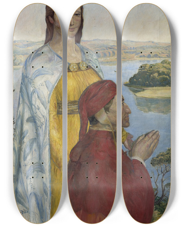 Triptych art skateboard deck of Poul Simon Christiansen Dante And Beatrice In Paradise by Poul Simon Christiansen (1855-1933)