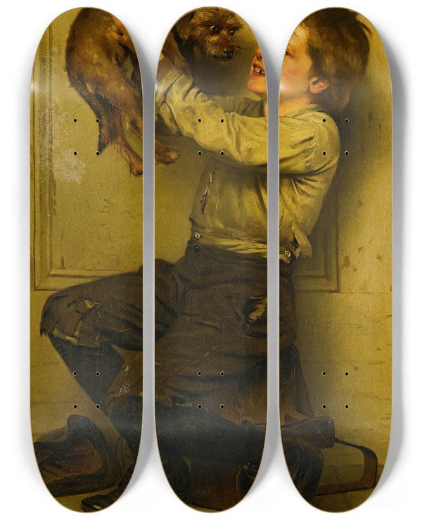 Triptych art skateboard deck of John George Brown Youre A Beauty by John George Brown (1831-1913)