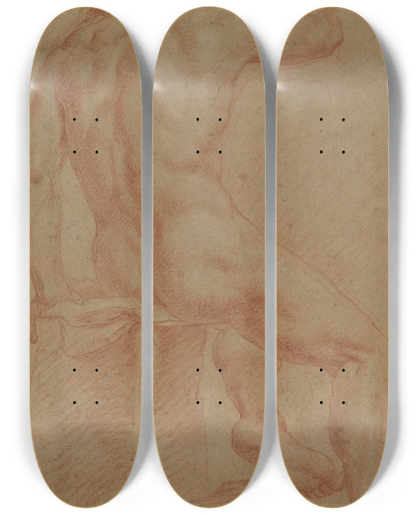 Triptych art skateboard deck of Italian 17Th Century Nude Male Figure Recto by Italian 17th Century