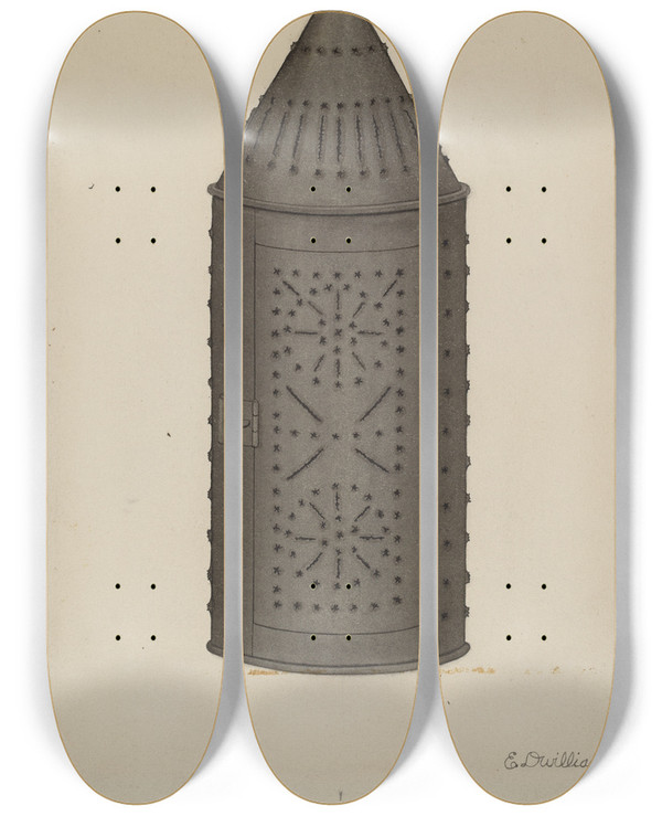 Triptych art skateboard deck of Edward D Williams Pierced Tin Lantern by Edward D Williams