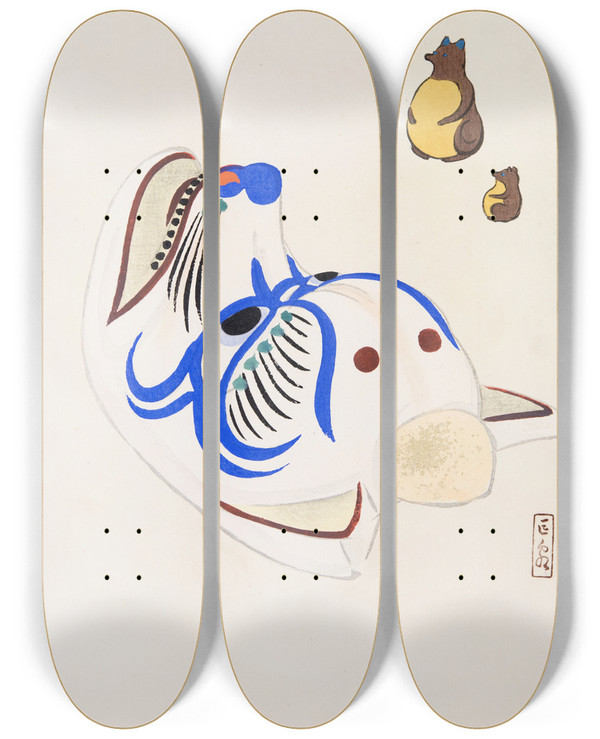Triptych art skateboard deck of Kawasaki Kyosen Kyosens Collected Illustrations Of Japanese Toys Pl033 by Kawasaki Kyosen (1877-1942)