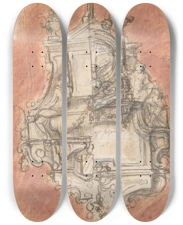 Triptych art skateboard deck of Pieter Verbruggen The Younger Design For A Sepulchral Monument_2 by Pieter Verbruggen The Younger (1648-1691)