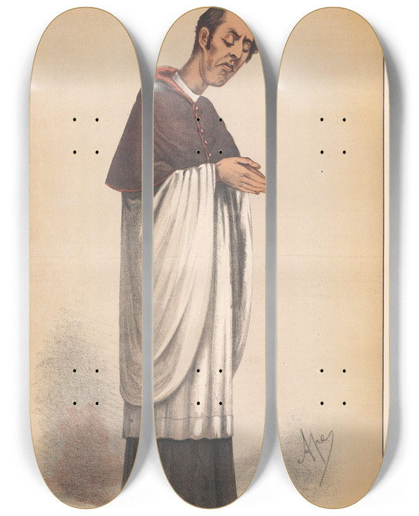 Triptych art skateboard deck of Carlo Pellegrini Clergy He Makes Religion A Tragedy And The Movement Of His Muscles A Solemn Ceremony Mackonchie 31 December 1870 by Carlo Pellegrini (1839-1889)