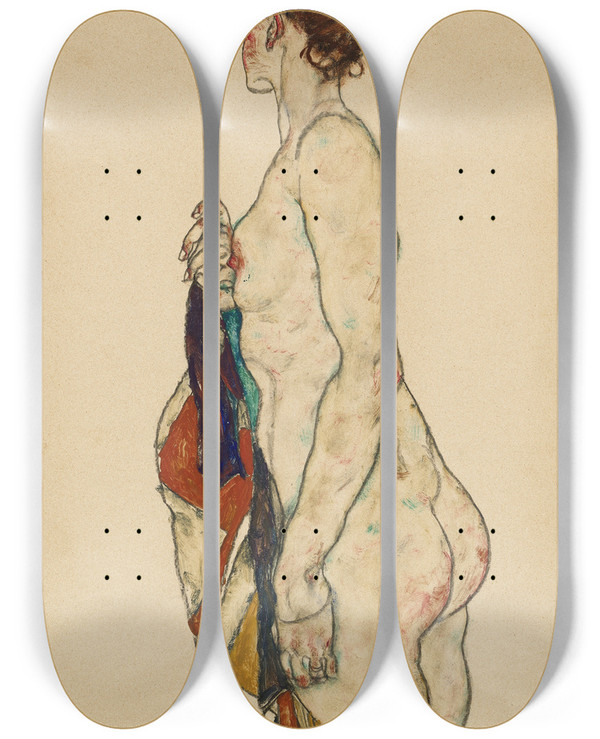 Triptych art skateboard deck of Egon Schiele Standing Nude With A Patterned Robe by Egon Schiele (1890-1918)