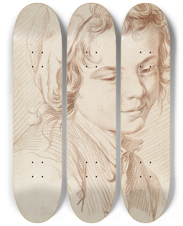 Triptych art skateboard deck of Edm Bouchardon Head Of A Boy by Edme Bouchardon (1698-1762)