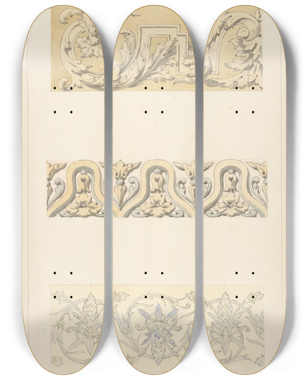 Triptych art skateboard deck of Julesedmondcharles Lachaise Three Designs For Decorative Borders by Jules-Edmond-Charles Lachaise (1897)