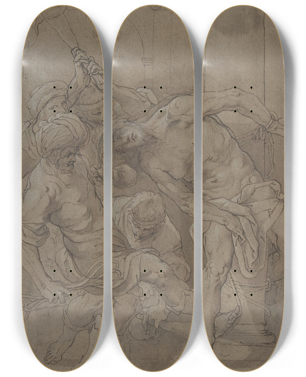Triptych art skateboard deck of Matthus Gundelach The Flagellation Of Christ by Matthaus Gundelach (1566-1653)