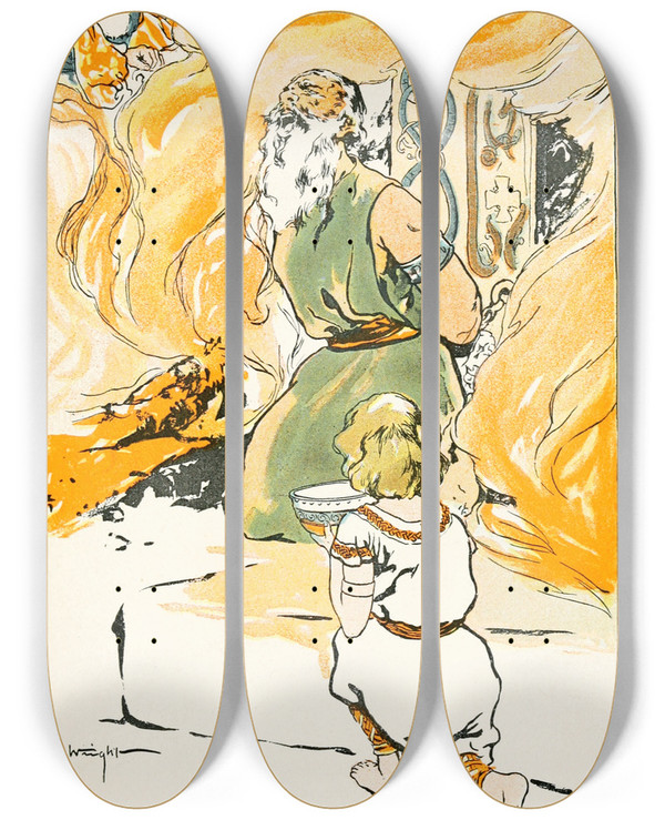 Triptych art skateboard deck of George Hand Wright No One Gave Him A Thought Of Pity Save Little Agnar by George Hand Wright (1872-1951)