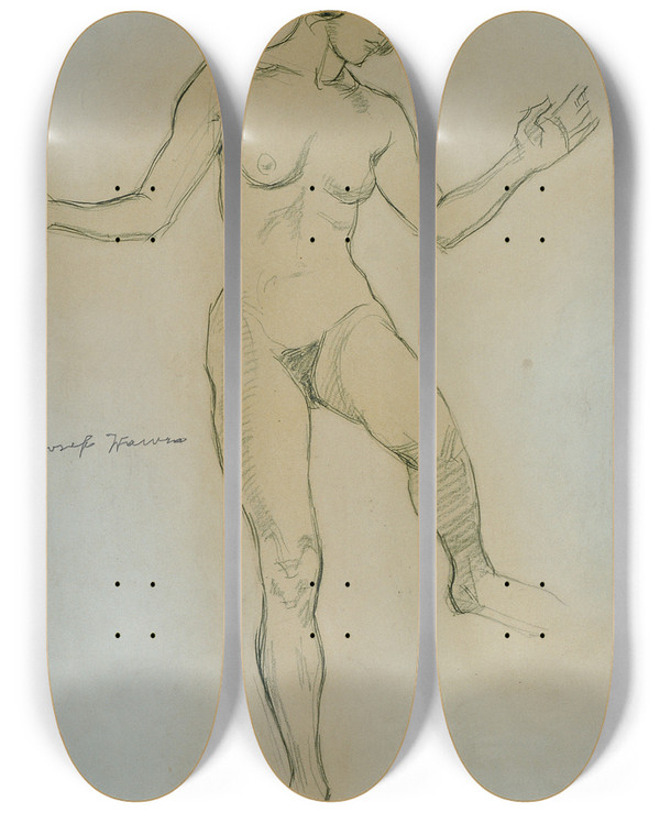 Triptych art skateboard deck of Josef Wawra Aktstudie In Tanzpose Vorderansicht by Josef Wawra (1893-1935)