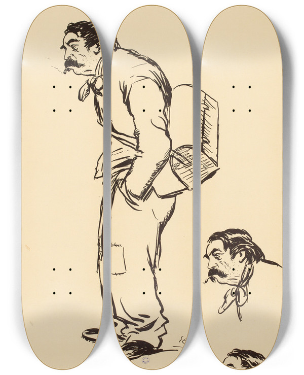 Triptych art skateboard deck of Georges Goursat Sem Le Compagnon Aristide by Georges Goursat (Sem) (1863-1934)
